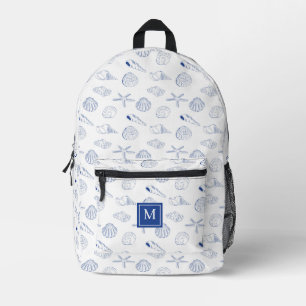 Blue White Hand Drawn Sea Shells Beach Summer  Printed Backpack