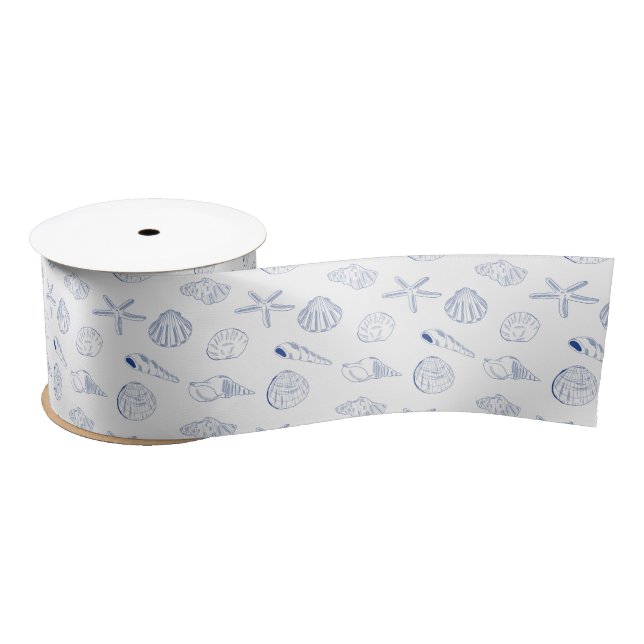 Blue White Hand Drawn Sea Shells Beach Summer  Satin Ribbon (Spool)