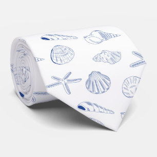 Blue White Hand Drawn Sea Shells Beach Summer  Tie