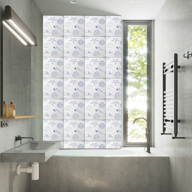 Blue White Hand Drawn Sea Shells Beach Summer  Tile (Blue White Hand Drawn Sea Shells Beach Summer Ceramic Tile)