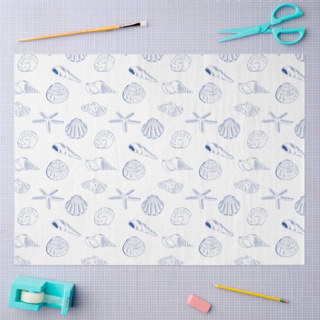 Blue White Hand Drawn Sea Shells Beach Summer  Tissue Paper (Craft)