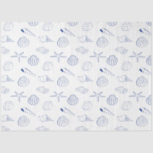 Blue White Hand Drawn Sea Shells Beach Summer  Tissue Paper (Front)