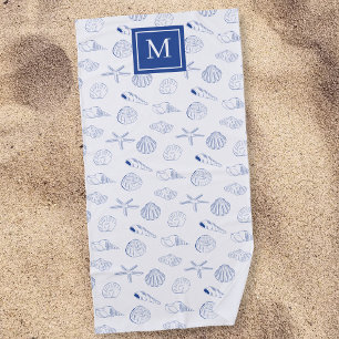 Blue White Hand Drawn Sea Shells Beach Summer Towel