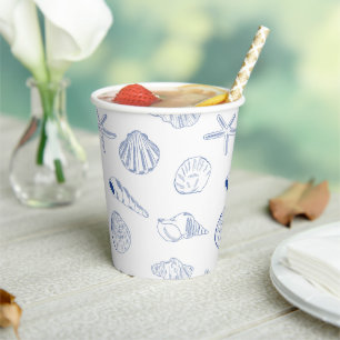 Blue White Hand Drawn Seashells Beach Summer Paper Cups