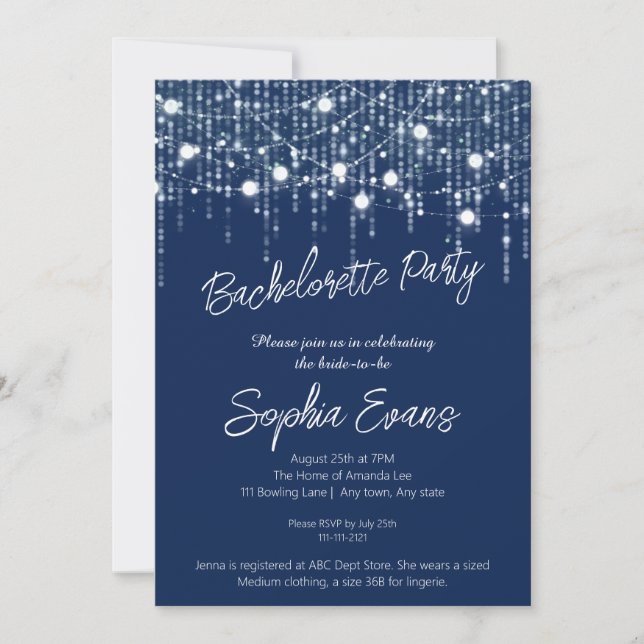 Blue & White Hanging Lights Bachelorette Party Invitation (Front)