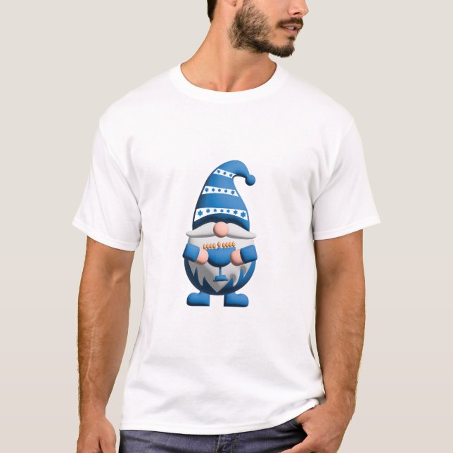 Blue White Hanukkah Gnome holding Menorah T-Shirt (Front)