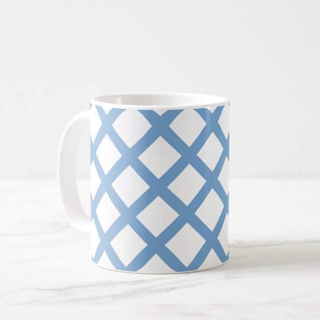 Blue White Harlequin Diamond Stripe Pattern Coffee Mug (Front Left)