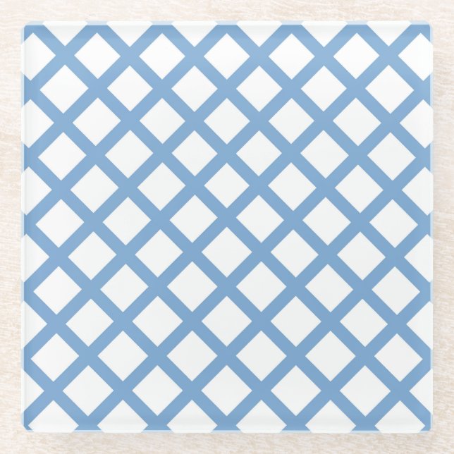 Blue White Harlequin Diamond Stripe Pattern Glass Coaster (Front)