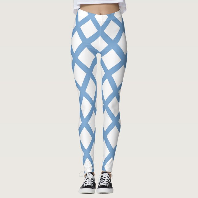 Blue White Harlequin Diamond Stripe Pattern Leggings (Front)
