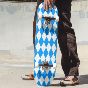 Blue White Harlequin Diamonds Checkers Design  Skateboard