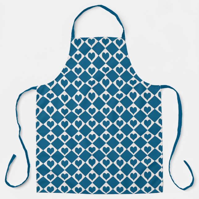 Blue White Heart Chequered Pattern Apron (Front)
