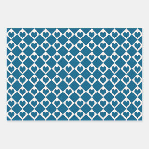 Blue White Heart Chequered Pattern Wrapping Paper Sheet