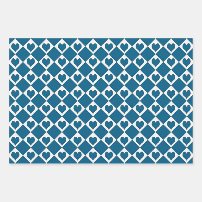 Blue White Heart Chequered Pattern Wrapping Paper Sheet (Front)