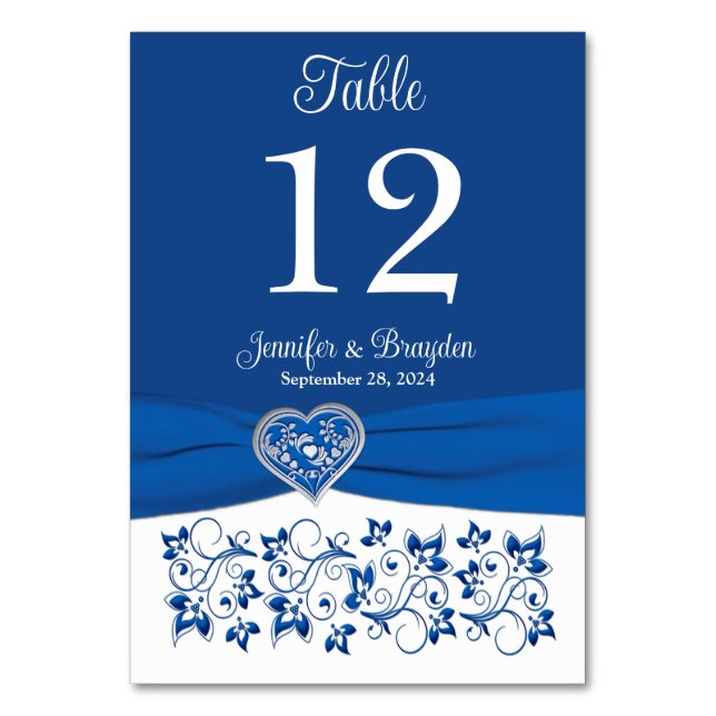 Blue White Heart of Love Wedding Table Number Card (Front)