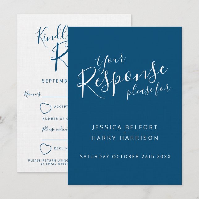Blue white heart wedding reply RSVP Invitation (Front/Back)
