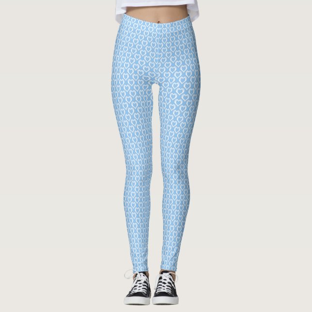 Blue White Hearts Pattern Leggings (Front)