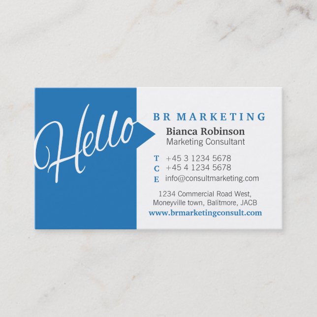 Blue & white hello speech quote business card (Front)