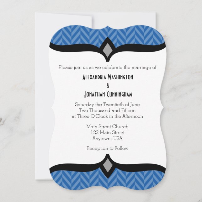 Blue White Herringbone Wedding Invitation (Front)