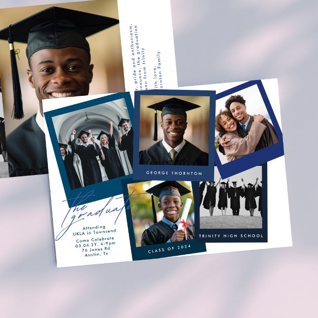 Blue White High School COLLAGE Photo Graduation Announcement (Creator Uploaded)