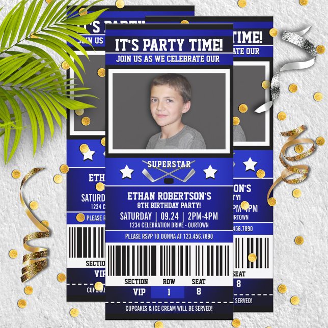 Blue/White Hockey Ticket Birthday Party Invitation (Creator Uploaded)