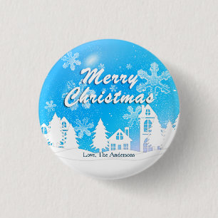 Blue White House Snowflakes Xmas Happy New Year 3 Cm Round Badge