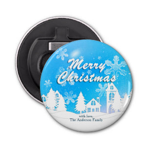 Blue White House Snowflakes Xmas Happy New Year  Bottle Opener