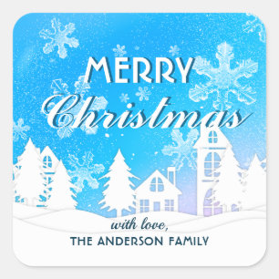 Blue White House Snowflakes Xmas Happy New Year  Square Sticker