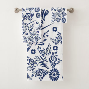 Blue & White Hummingbird Mexican Floral Talavera  Bath Towel Set