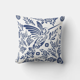 Blue & White Hummingbird Mexican Floral Talavera  Cushion