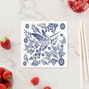 Blue & White Hummingbird Mexican Floral Talavera Napkin