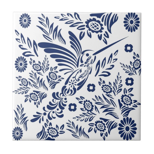 Blue & White Hummingbird Mexican Floral Talavera  Tile (Front)