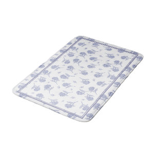 Blue & White Hydrangea Botanical Toile Pattern Bath Mat