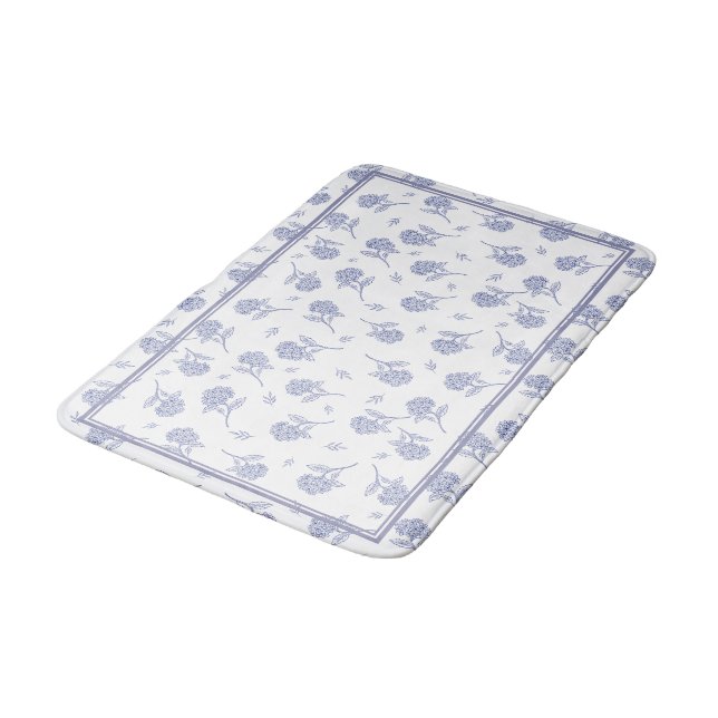 Blue & White Hydrangea Botanical Toile Pattern  Bath Mat (Angled)