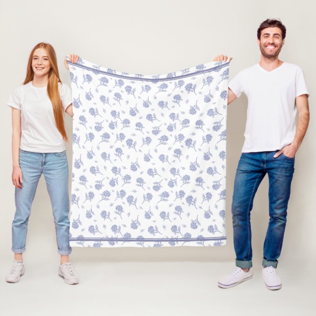 Blue & White Hydrangea Botanical Toile Pattern  Fleece Blanket (In Situ)