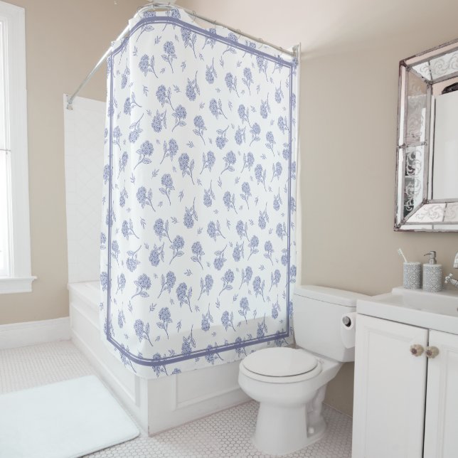 Blue & White Hydrangea Botanical Toile Pattern  Shower Curtain (In Situ)