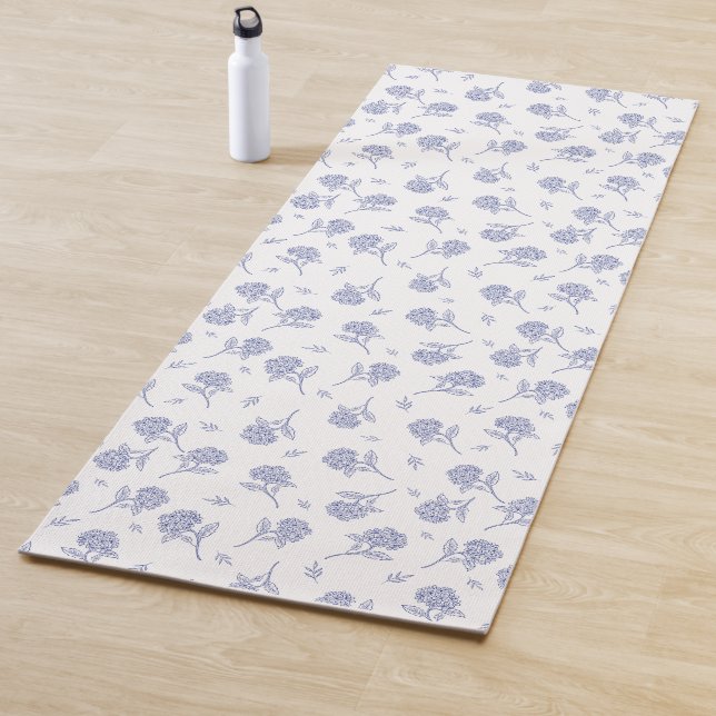 Blue & White Hydrangea Botanical Toile Pattern Yoga Mat (In Situ)