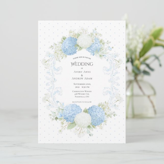 Blue White Hydrangea Floral Elegant Wedding Invitation (Standing Front)