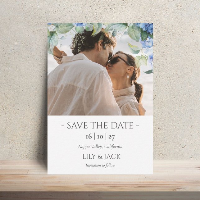  Blue & White Hydrangea Photo Save The Date Card (Creator Uploaded)