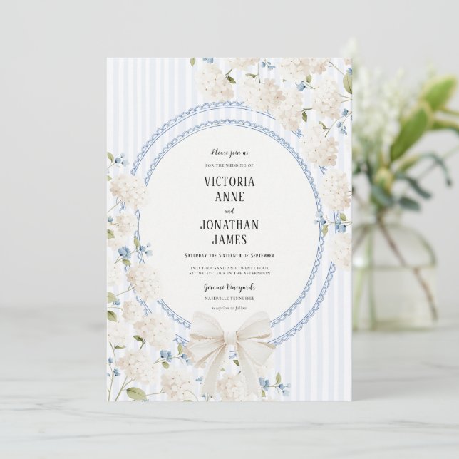 Blue White Hydrangea Stripe Vintage Wedding Invitation (Standing Front)