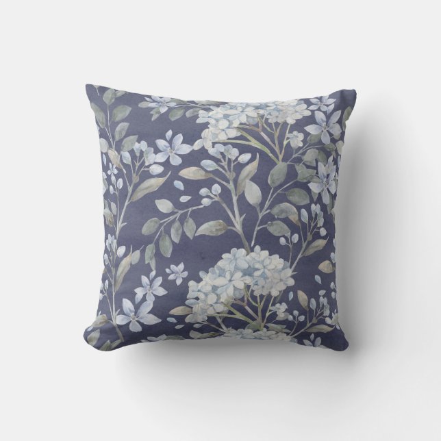 Blue White Hydrangeas Greenery on Blue Grey | Cushion (Front)