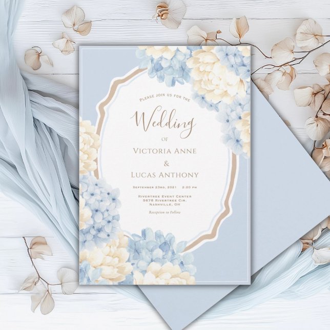Blue & White Hydrangeas Vintage Wedding Invitation (Creator Uploaded)