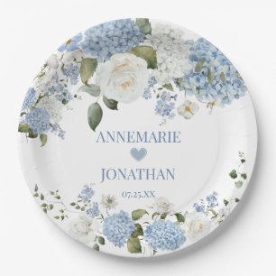 Blue White Hydrangeas, White Roses Floral Wedding Paper Plate