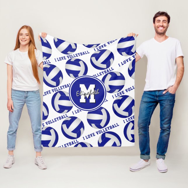 blue white I love volleyball sports room decor Fleece Blanket (In Situ)