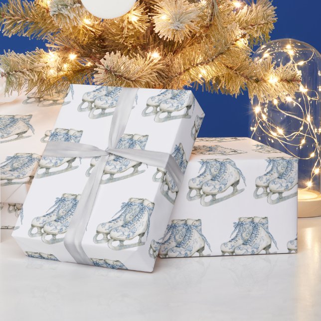 Blue White Ice Skates Christmas Wrapping Paper (Holidays)