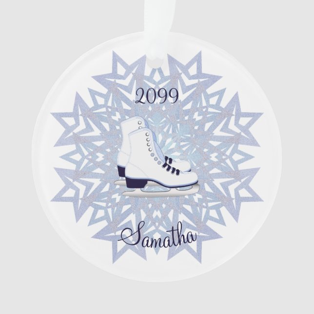 Blue White Ice Skates on Blue Snowflake Christmas  Ornament (Front)