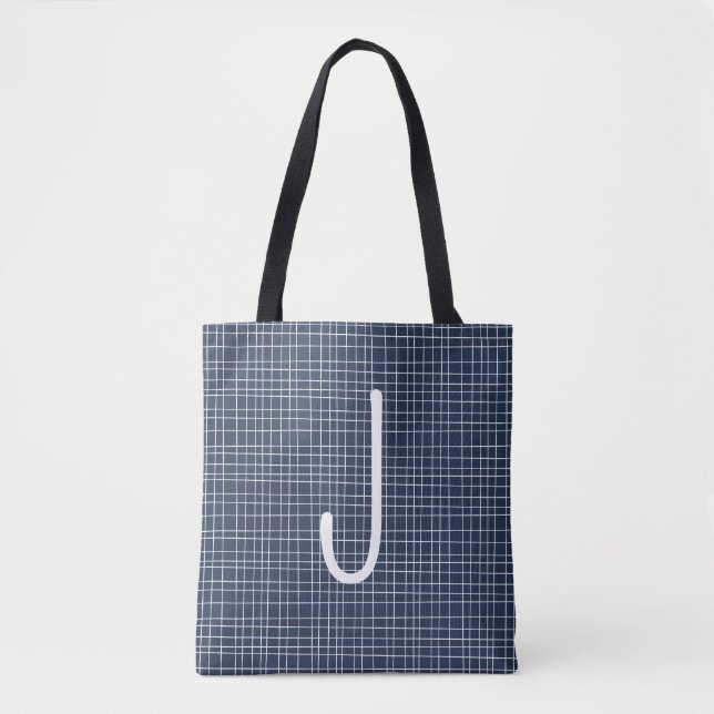 Blue & White Irregular Woven Line Pattern Initial Tote Bag (Front)