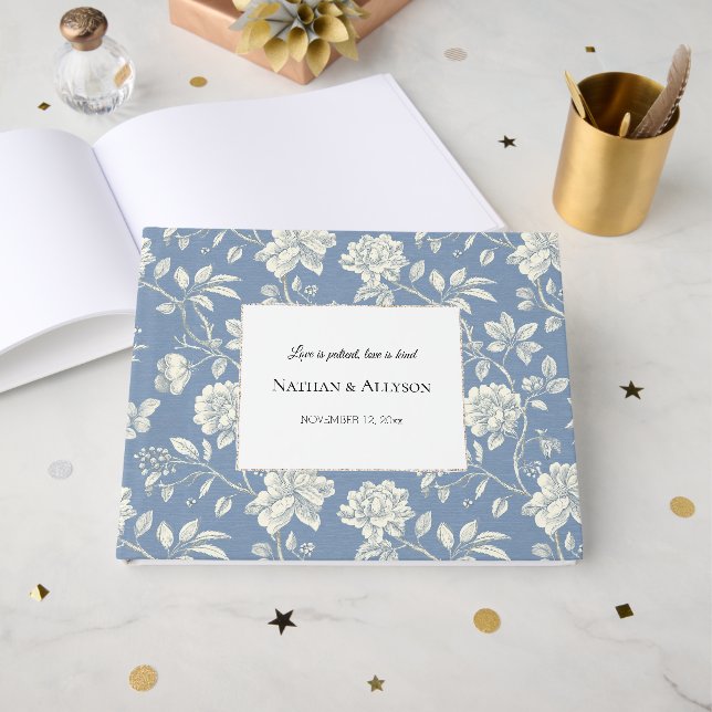 Blue White Ivory Flowers Wedding Guest Book (Front Open)