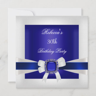 Blue White Jewel Bow 30th Birthday Party Silver Invitation