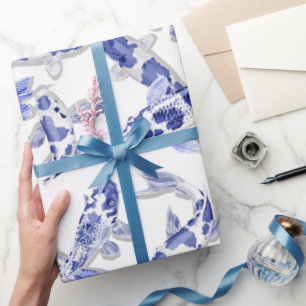 Blue White Koi Fish Wrapping Paper