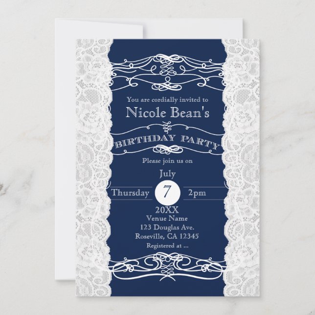 Blue & White Lace BIRTHDAY PARTY Invitations (Front)